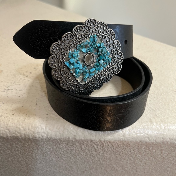 Made In India black Tooled Leather stones‎ on Buckle Western Boho Belt Unisex L main image 7